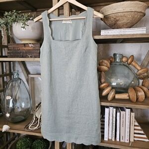 Abercrombie & Fitch Premium Sage Linen Scalloped Trim Mini Dress NWOT Sz S Tall